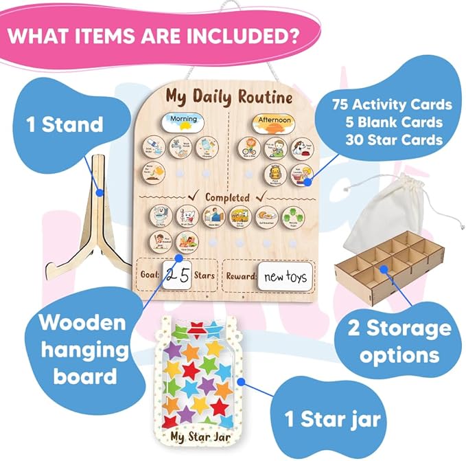 Wooden Daily Routine for Kids, Star Reward Jar for Toddlers, Chore Chart for Kids with Star Jar, Behavior Reward Jar for Toddlers Boys Girls