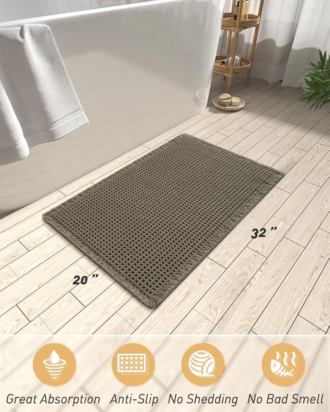 AMOAMI Upgraded Waffle Bath Mat, Super Absorbent Non Slip Bath Mats for Bathroom Floor, Machine Washable Bathroom Rugs with Tassels, Rubber Backed Bathroom Mats, Ultra Soft, 20" x 32", Green