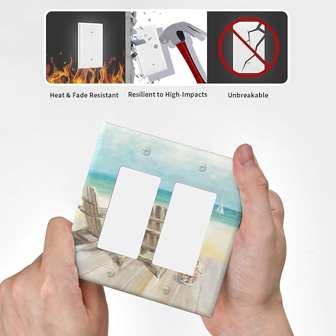 Outlet Covers Beach Chair Seascape Blue Ocean 2 Gang Wall Plate Double Rocker Light Switch Cover Modern Coastal Decorative GFCI Receptacle Cover Electrical Switchplate for Bathroom Bedroom
