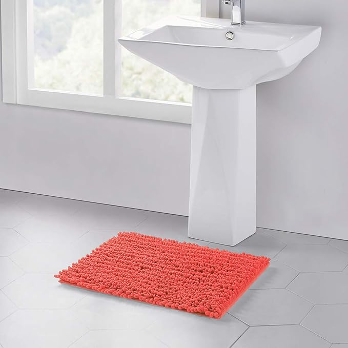 Walensee Bathroom Rug Non Slip Bath Mat (44x24 Inch Coral) Water Absorbent Super Soft Shaggy Chenille Machine Washable Dry Extra Thick Perfect Absorbant Best Large Plush Carpet for Shower Floor
