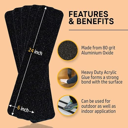 Grip Tape 6” X 24” (10-Pack) - Stair Treads for Stairs, Anti Slip Tape for Indoor and Outdoor, Non Skid Treads for Wooden Steps, Concrete Steps, Etc. (Works on All Surfaces & Weather)
