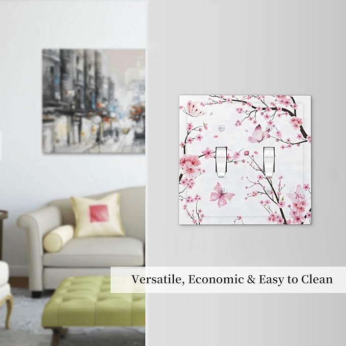 Cherry Floral Watercolor Pink Flowers Butterfly Decorative Switch Plates 2 Gang Double Toggle Outlet Light Switch Cover Wall Plate Electrical Faceplate for Bed Room Living Room Decor