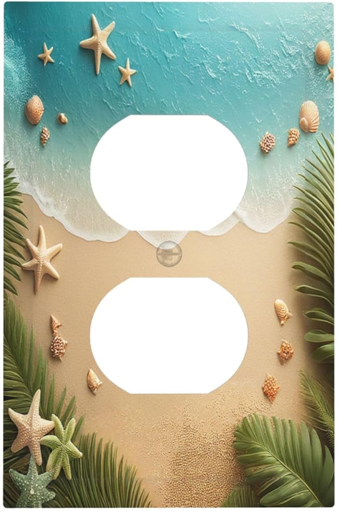 Outlet Covers Summer Beach Themed Starfish Seashells 1 Gang Duplex Wall Plate Decorative Switch Plates Electrical Receptacle Faceplate Light Switch Cover for Bedroom Bathroom Decor