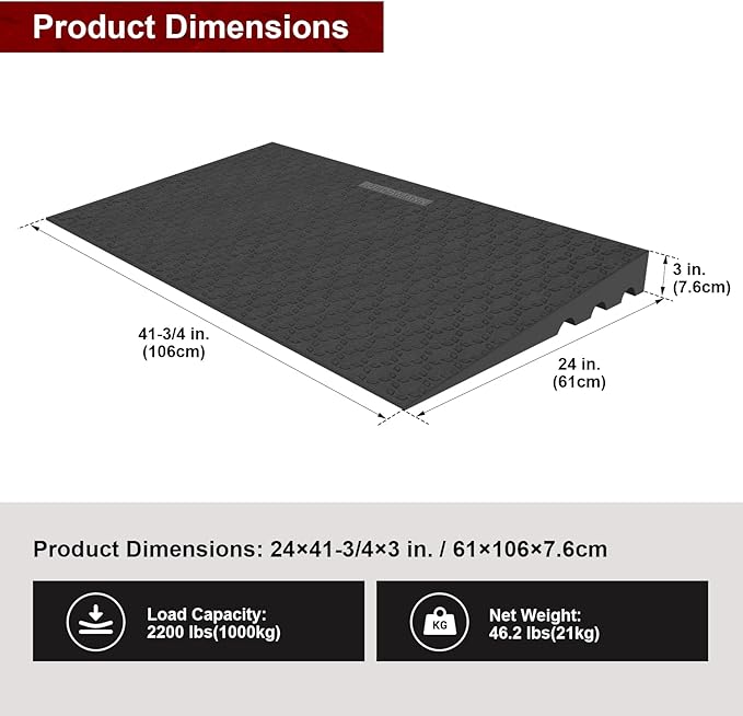 Ruedamann 3" Rise Threshold Ramps for Doorways, 2200 Lbs Load Capacity, 41.7" Wide Sturdy and Non-Slip Door Ramps for Wheelchair, Adjustable and Cuttable for Doorways, Curbs, Driveways, Scooters