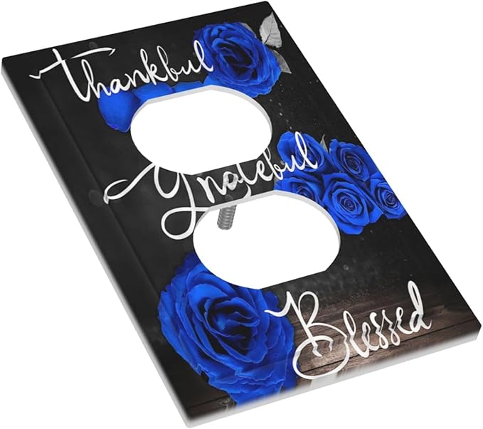 Outlet Covers Blue Rose Thankful Grateful Blessed 1 Gang Duplex Light Switch Cover Plate Romantic Blue Floral Decorative Wall Plates Electrical Switchplate Receptacle Cover for Home Decor