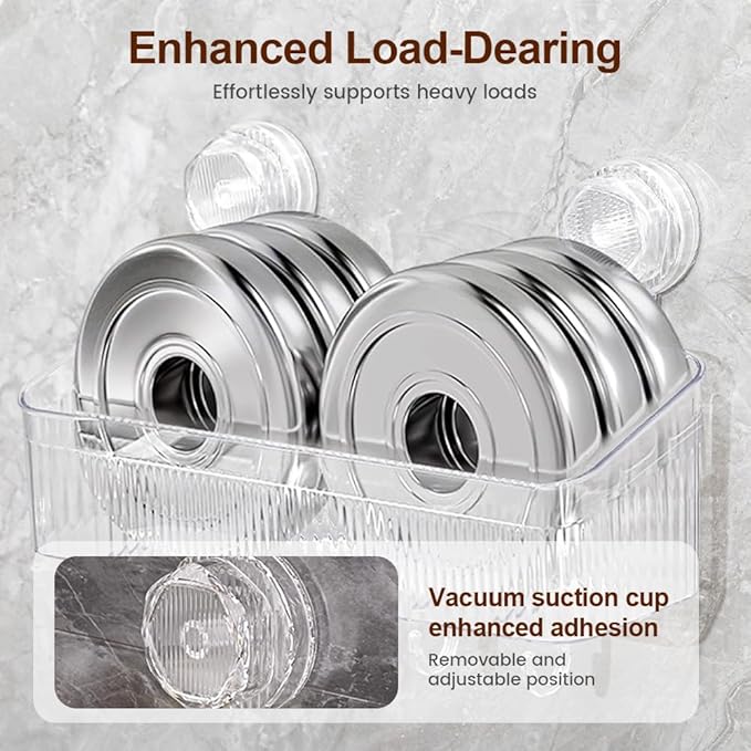 No-Drill Bathroom Suction Storage Box, Corrugated Suction Cup Wall Organizer, Removable Hanging Storage Basket with Strong Hold, Acrylic Shower Caddy for Bathroom (Clear M)