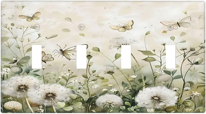Dandelions Butterflies Watercolor Wildflowers Floral Light Switch Covers Quad Toggle Electrical Faceplate 4 Gang Wall Plate Decorative Switch Plates Cover for Bedroom Living Room Decor