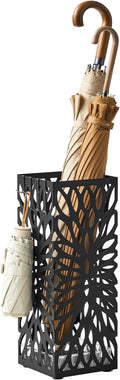 SONGMICS Umbrella Stand, Umbrella Holder for Entryway, Steel Square Umbrella Rack Organizer Freestanding, for Canes Walking Sticks, with a Detachable Drip Tray, 4 Hooks, Black ULUC026B33