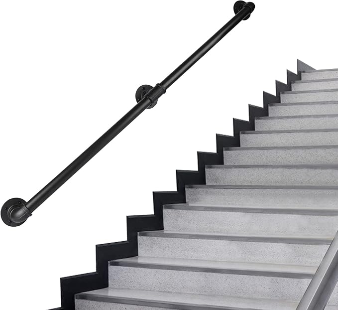 Pipe Stair Handrail, 2 Ft Metal Staircase Handrail, Black Galvanized Industrial Iron Hand Rail for Indoor & Outdoor Wall Mount Support, Wall Hand Railing,Safety Handle, Steps Baluster(HR01-1)