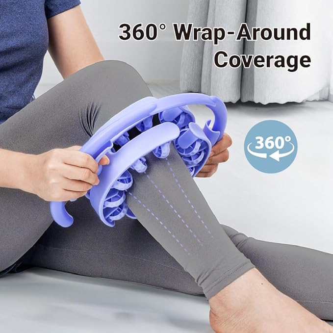 Adjustable Massage Roller, 360° Wraparound Manual Body Roller, 20 Textured Nodes, Detachable, for Thighs, Calves, Legs & Arms, Blue