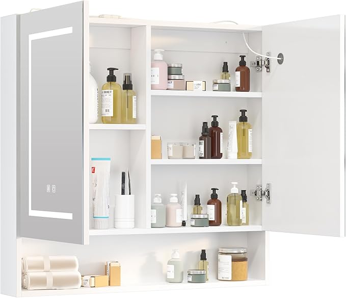 Lighted Medicine Cabinet with 2 Doors,Large Led Medicine Cabinet with Mirror,Anti-Fog, Wall-Mounted Bathroom Mirror with Storage,Brightness Adjustable,31.5" Wx30 H