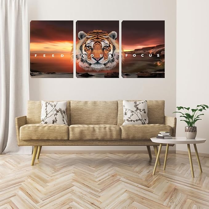 Motivational Wall Art, Inspirational Canvas Wall Art for Office, 3 Pieces Tiger Painting Posters Prints for Entrepreneur Living Room Bedroom Dorm(48''Wx24''H)