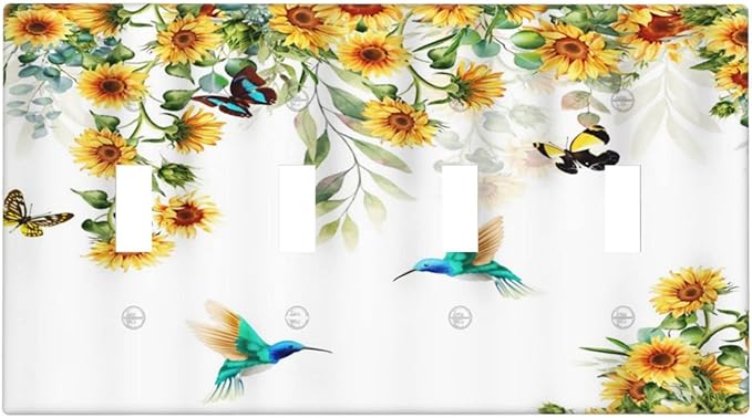 Yellow Sunflower Blue Hummingbird Butterfly Quad Toggle Light Switch Cover Decorative Rustic Farmhouse Floral Plant 4 Gang Wall Plate Cover 4 Hole Electrical Device Switchplates for Bathroom
