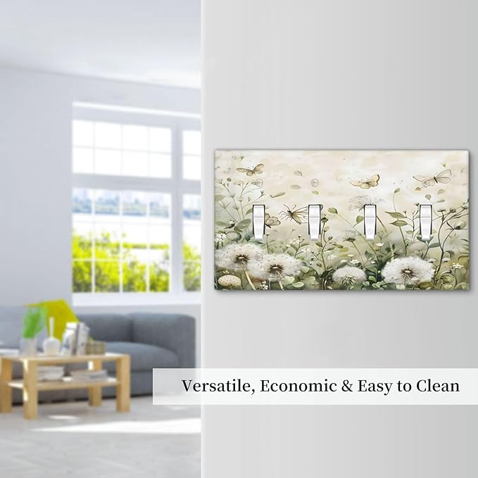 Dandelions Butterflies Watercolor Wildflowers Floral Light Switch Covers Quad Toggle Electrical Faceplate 4 Gang Wall Plate Decorative Switch Plates Cover for Bedroom Living Room Decor