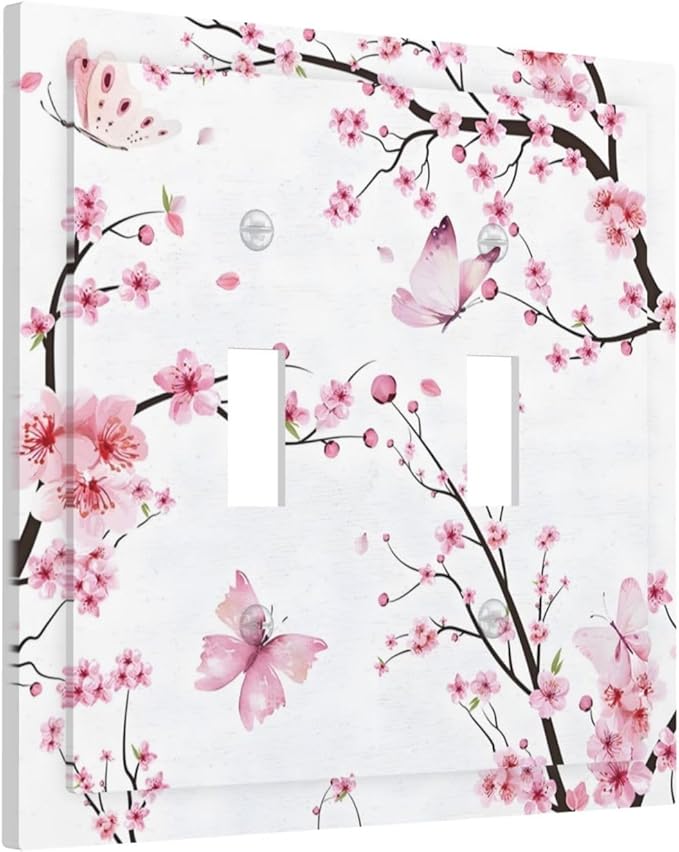 Cherry Floral Watercolor Pink Flowers Butterfly Decorative Switch Plates 2 Gang Double Toggle Outlet Light Switch Cover Wall Plate Electrical Faceplate for Bed Room Living Room Decor