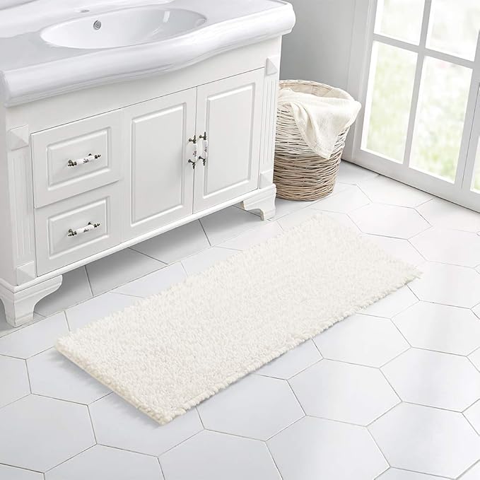 Walensee Large Bathroom Rug Non Slip Bath Mat (24x60 Inch Ivory) Water Absorbent Super Soft Shaggy Chenille Machine Washable Dry Extra Thick Perfect Absorbant Best Plush Carpet for Shower Floor