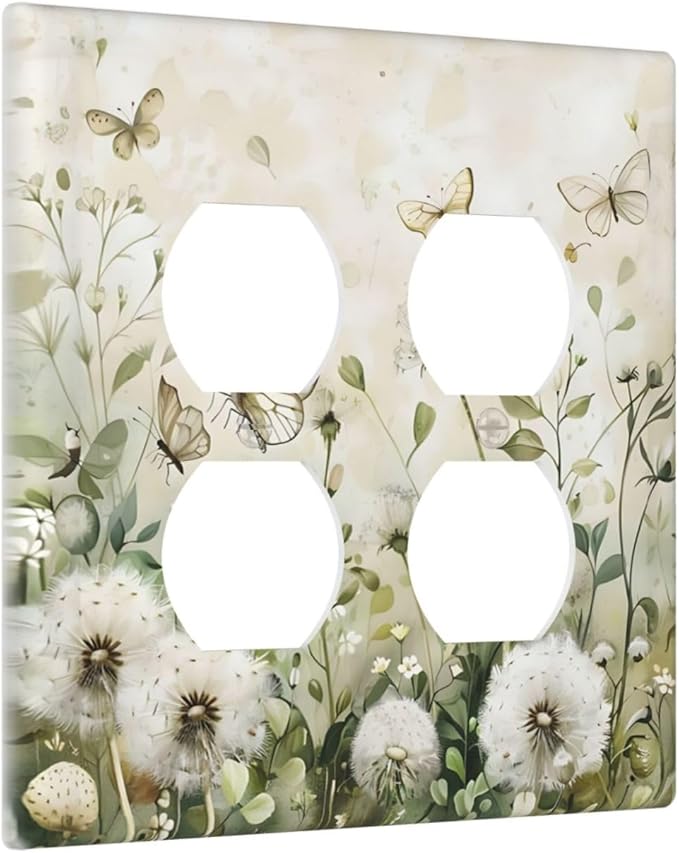 Dandelions Butterflies Watercolor Wildflowers Floral Outlet Covers 2 Gang Double Duplex Decorative Light Switch Covers Electrical Wallplates Socket Faceplate for Bedroom Living Room Decor
