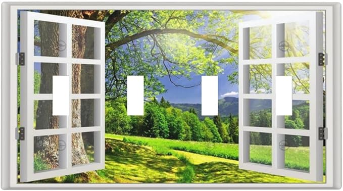Light Switch Cover Window View Green Rustic Nature Wilderness 4 Gang Switch Plate Quad Toggle Wall Plates Decorative Switchplate Electrical Outlet Cover Plates for Bathroom Bedroom Decor