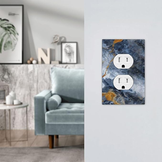 Outlet Covers Gold Dark Blue Gilt Haze Marble Decorative 1 Gang Duplex Light Switch Cover Plate Receptacle Wall Plate Electrical Switch Plate Covers for Bathroom Decor