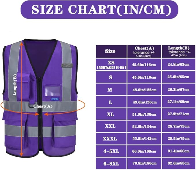 A-SAFETY Purple High Visibility Safety Vest with 4 Reflective Strips 7 Pockets,3XL