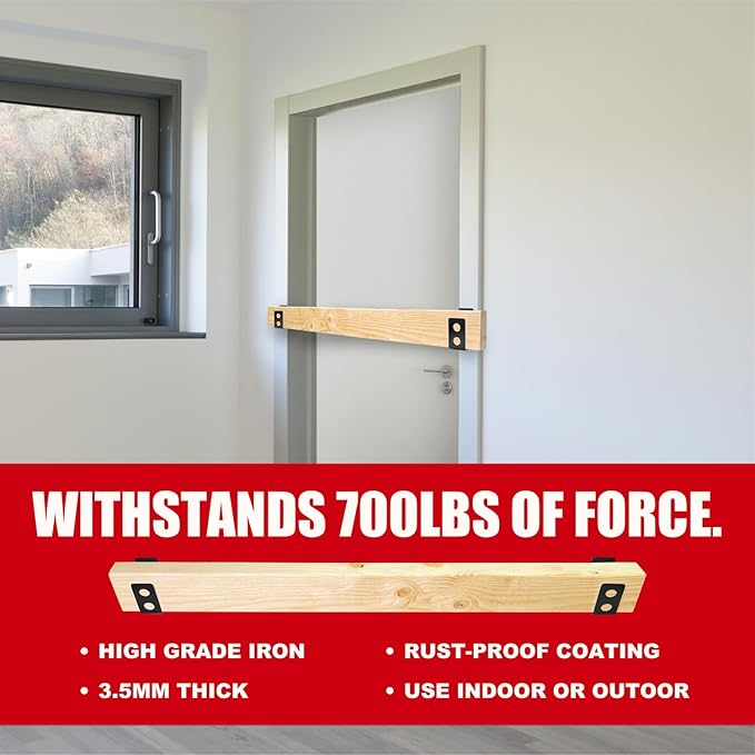 SecurityMan Heavy Duty 2x4 Door Barricade Brackets - 700lbs of Force, Door Brace Install in -(2pc) Thick 3.5mm Iron Metal U Bracket | Rust Proof - Gate Bar Holder for Indoor/Outdoor Door Security Bar