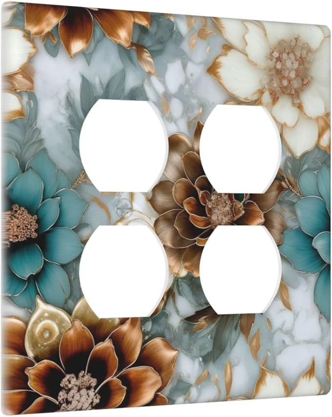 Vintage Marble Floral Gold/Green/White Metal Flowers Outlet Covers 2-Gang Duplex Light Switch Covers Decorative Gfci Wall Plate Covers Electrical Receptacle Switchplate Plug Faceplate Bathroom