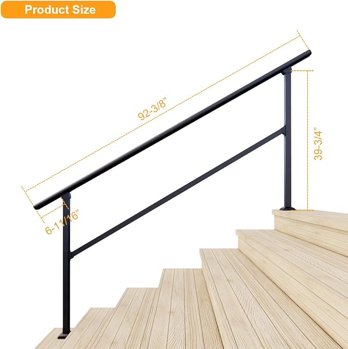 DIYHD 7 Step Handrail for Outdoor,Powder Coated Iron Stair Railing,Black Hand Rails for Indoor, Porch,Deck,1 Pack
