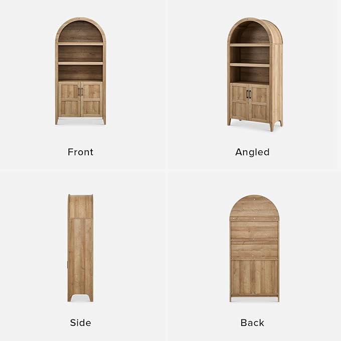 mopio Lauren 65.4" Short Arched Cabinet, 5-Tier Arched Bookcase with Doors and Shelves, Mini Arch Bookshelf with Storage, Wooden Storage Cabinet for Living Room and Kitchen Pantry (Oak)