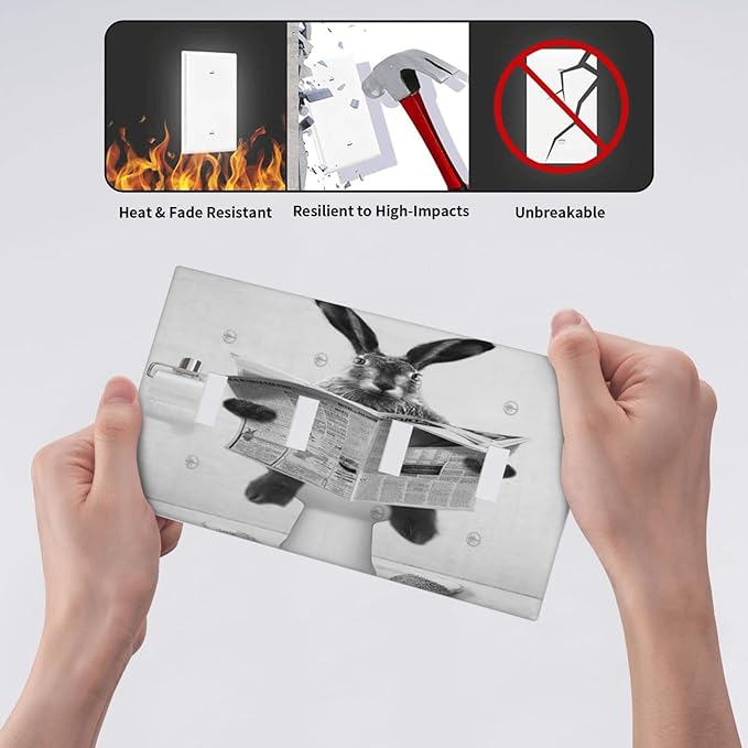 Funny Cute Grey Black Rabbit Reading Newspaper Quad Toggle Light Switch Covers Decorative 4 Gang Wall Plates Cover Rustic Vintage Western Animals Electrical Device Switchplates for Bathroom
