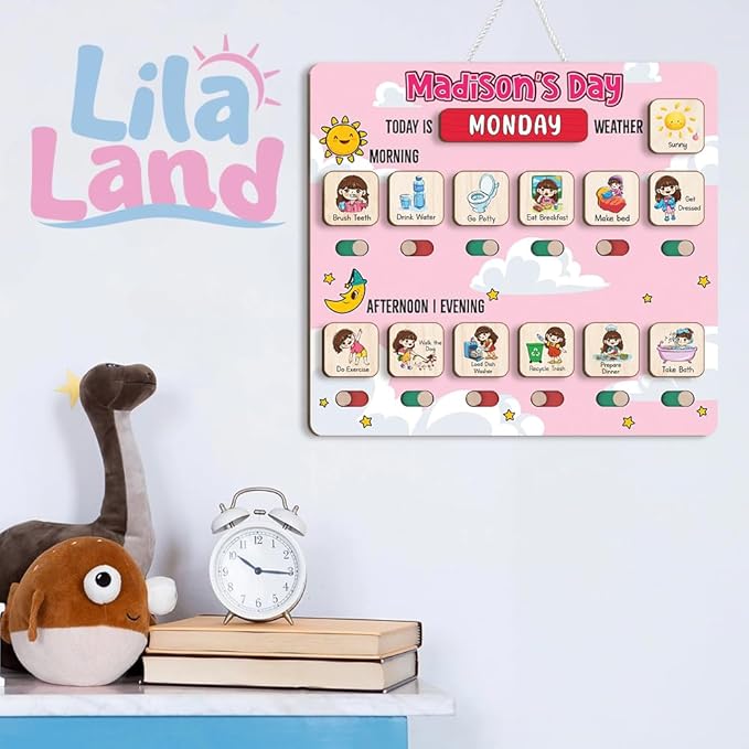 Wooden Chore Chart for Boys, Daily Routine Chart for Kids, Visual Schedule, Chore Reward Chart, Bedtime Morning Routine Chart for Toddlers (04)
