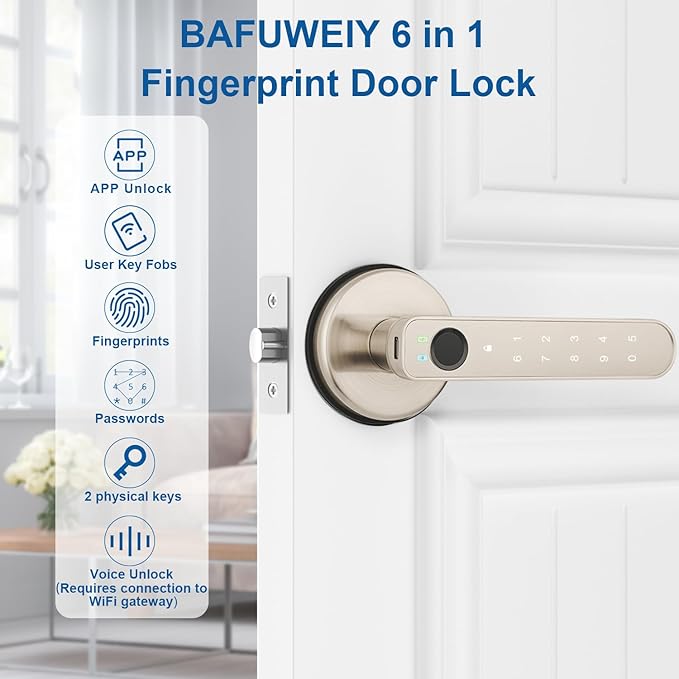 Fingerprint Door Lock, Fingerprint Door Knob Biometric Door Lock Smart Door Knob with App Control, Keyless Entry with Handle for Home Office Apartment Bedroom Nickel