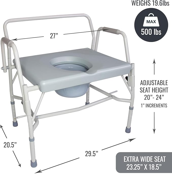 DMI Drop Arm Portable Toilet Commode, Extra-Wide Seat, 500 Pound Weight Capacity, Bucket with Lid Included, Adjustable Legs, Elderly Assistance Products, Grey