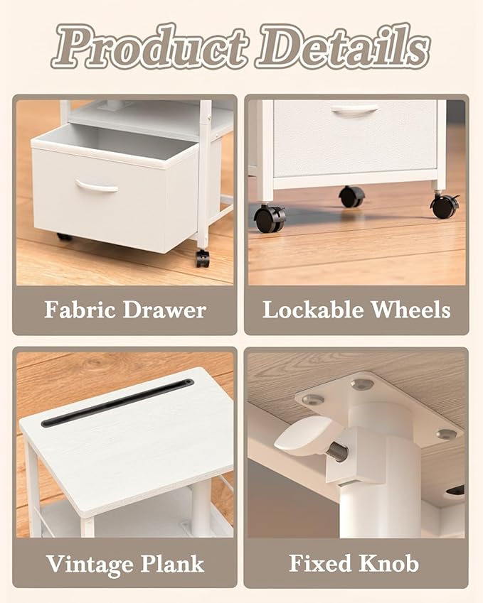 Swivel Lift Top Nightstand with Charging Station, 2-Tier 360° Adjustable Bedside Table, Rolling Night Stand with Wheels, Small End Table with Fabric Drawer, for Bedroom, Living Room, White