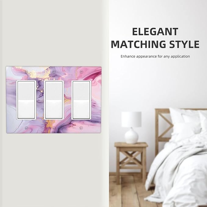 Light Switch Covers Pink Marble Abstract Purple Gold Texture 3 Gang Rocker Electrical GFCI Decorative Triple Outlet Wall Plate Cover Switchplate for Bathroom living Room Decor
