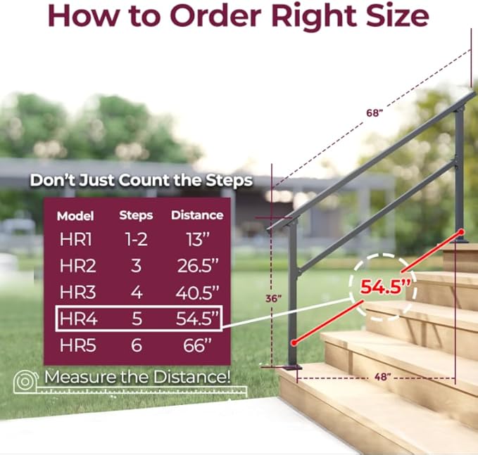 CHR Fence & Rail Hand Rails for Outdoor Steps, 5 Step Handrail & Indoor Stair Railing Kit, Railings for Outdoor Steps and Hand Rails for Seniors for Porch Railing & Deck Hand Rail, 4 to 5 Steps