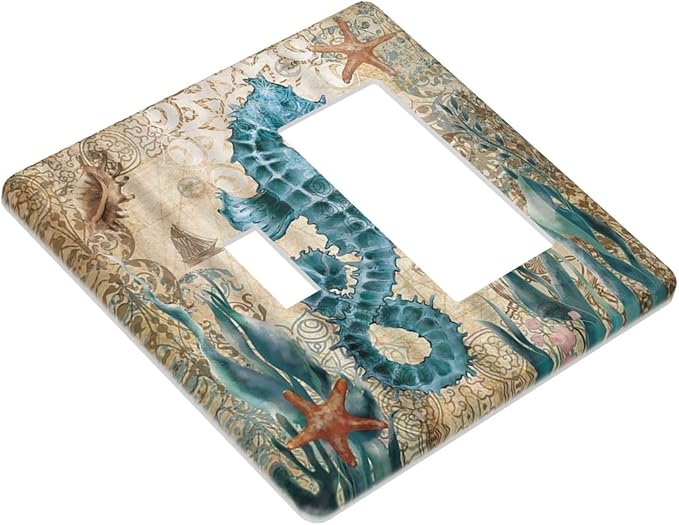 Vintage Blue Seahorse Seaweed Starfish Ocean Nautical Theme 2 Gang Light Switch Cover Decorative Combination Toggle Rocker/Decora Wall Plate Electrical Switchplate Faceplate for Farm Bathroom