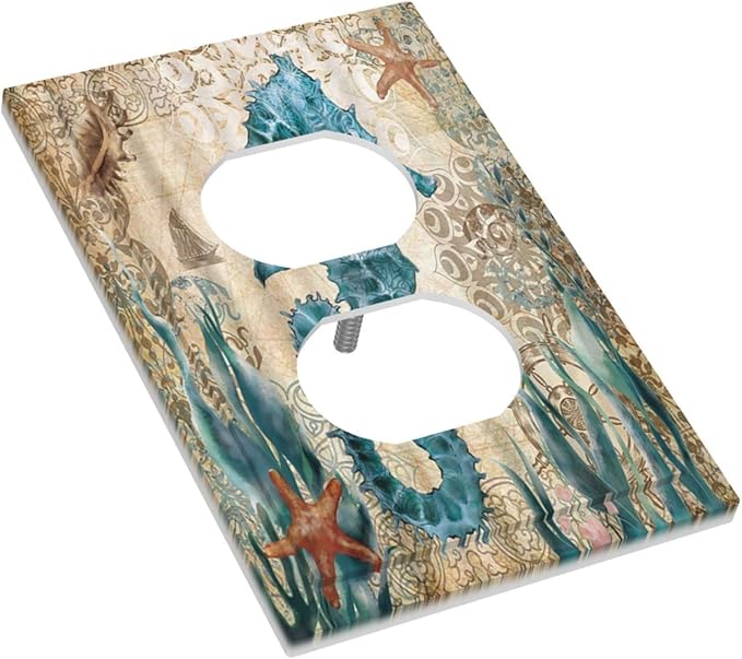 Vintage Blue Seahorse Seaweed Starfish Ocean Nautical Theme 1 Gang Duplex Outlet Cover Faceplate Decorative Wall Plate Single Receptacle Light Switch Cover Electrical Switchplate for Farm Home