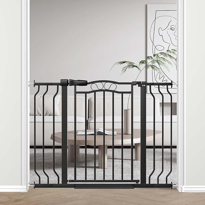 Fairy Baby 29.5"-43.7" Extra Wide Baby Gate for Stairs, Pressure Mounted Dog Gate for Doorways, Auto Close Metal Pet Gate with Arch Design for Puppy, No Drill Child Gate with Walk Thru Door, Black