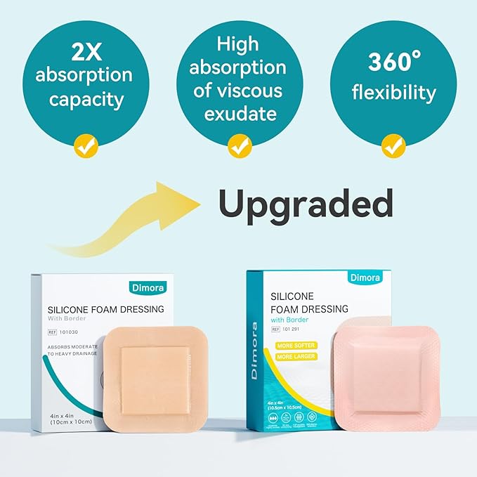 Dimora Ultra Soft Silicone Foam Dressing 4"x4" (10 Pack)- Super Absorbent Wound Dressing with Widened Border, Adhesive Foam Bandages for Bed Sores, Ulcer, Surgical Wound