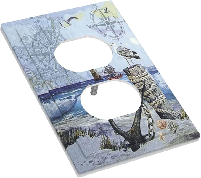Outlet Covers Sea Ocean Sand Coast Compass Ship Lighthouse Anchor 1 Gang Duplex Light Switch Cover Plate Decorative Wall Plates Electrical Switchplate Receptacle Cover for Bathroom Decor