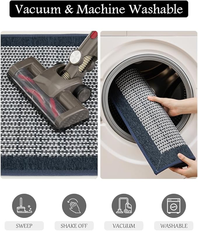 PADOOR Kitchen Mats for Floor, Non Slip Washable, Rubber Backed Kitchen Runner Super Absorbent Floor Mat Sink Rug, 20'x47' Blue