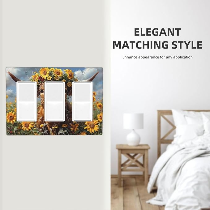 Light Switch Covers Vintage Sunflower Highland Cow Rustic Art 3 Gang Rocker Electrical GFCI Decorative Triple Outlet Wall Plate Cover Switchplate for Bedroom Farmhouse Decor