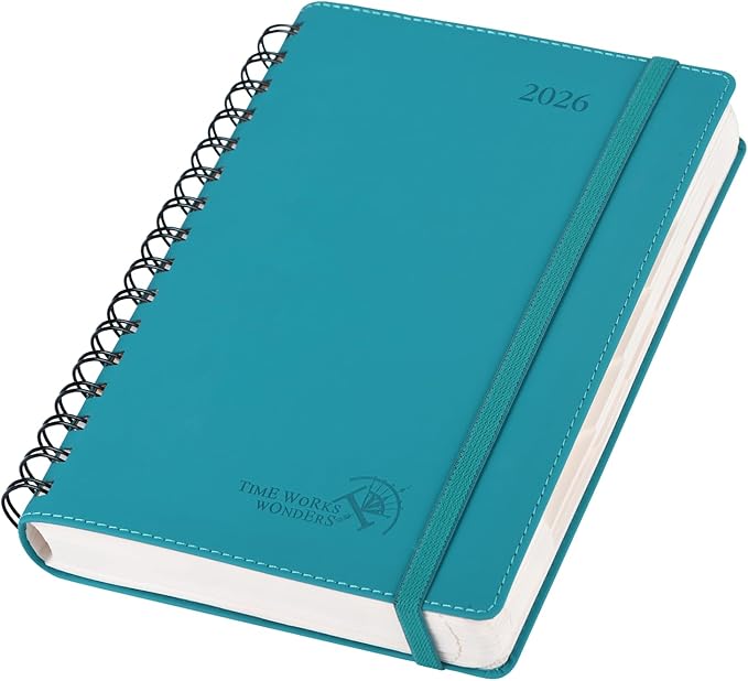 POPRUN 2026 Daily Planner One Page per Day (Medium 6'' x 8.5'') - 12 Months Calendar Appointment Book with Hourly Slots, Inner Pocket, Monthly Tabs, Pen Holder - Pacific Green