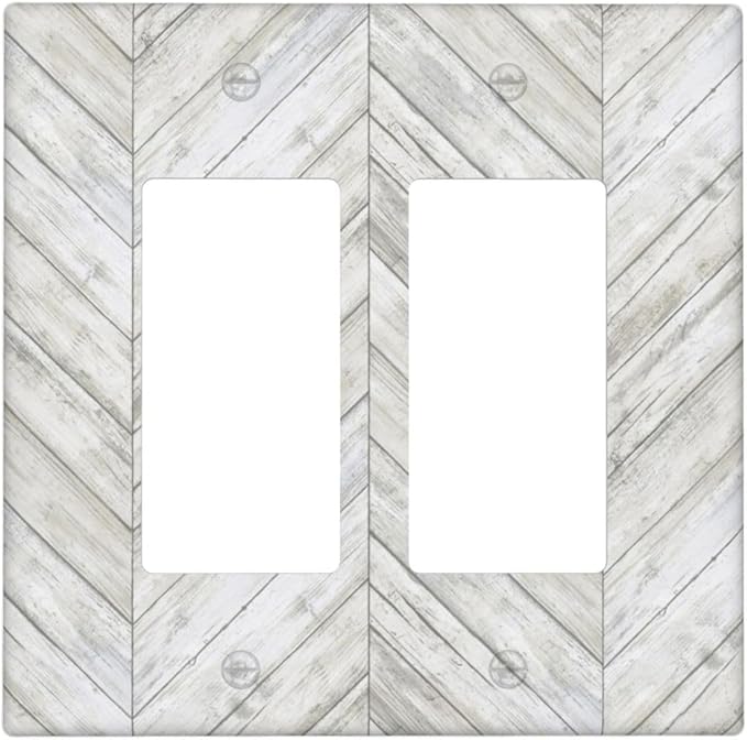 Rustic White Gray Herringbone Wood 2 Gang Rocker Decora Light Switch Cover Decorative Vintage Country Outlet Covers Wall Plate Electrical Faceplate Switchcovers GFCI for Farmhouse Living Room Decor