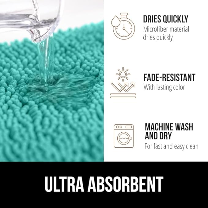 GORILLA GRIP Plush Absorbent Shaggy Chenille Bath Rug Mat for Square Toilet Base with Rubber Backing, Machine Washable Rugs, Soft Microfiber Contour Mats for Toilets, Bathroom Decor, Turquoise