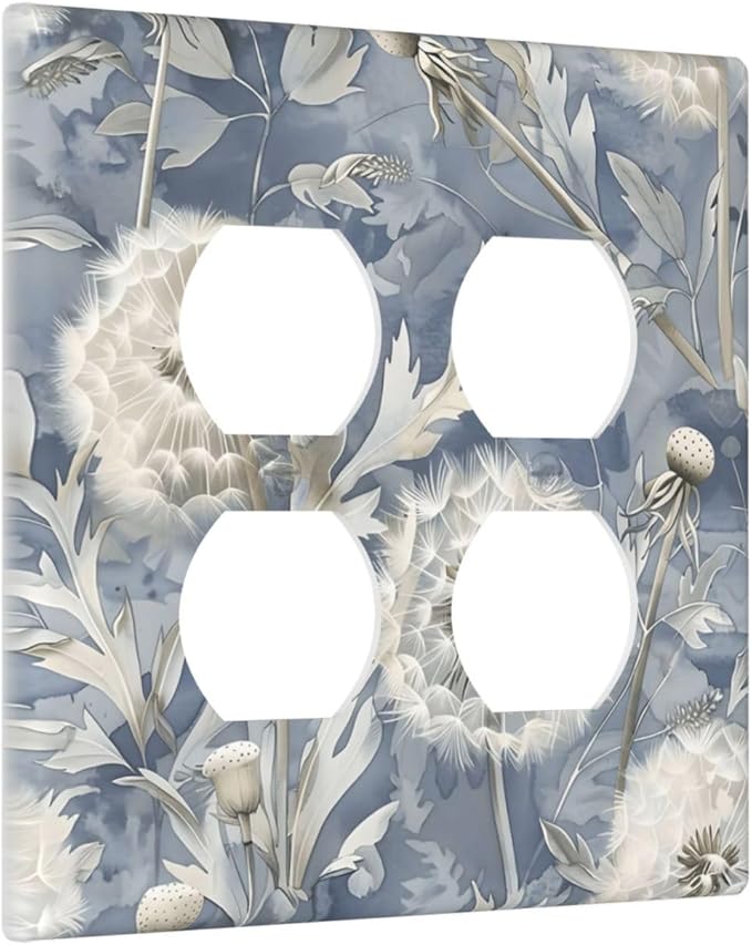 Blue Dandelion Vintage Floral Boho Flower Outlet Covers 2 Gang Double Duplex Decorative Light Switch Covers Electrical Wallplates Socket Faceplate for Bedroom Living Room Home Decor