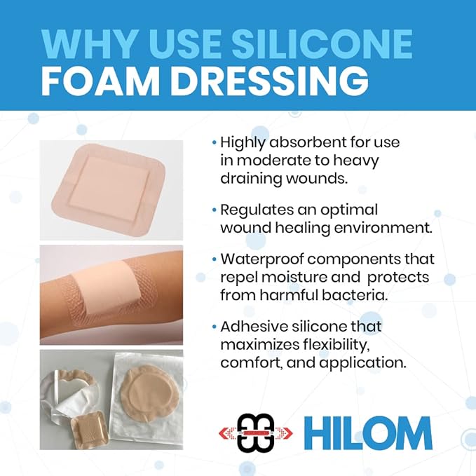 Silicone Foam Dressing with Adhesive Border 4 in x 8 in (10 Pack) Waterproof Dressing, Latex Free for Moist to Heavily Draining Wounds…
