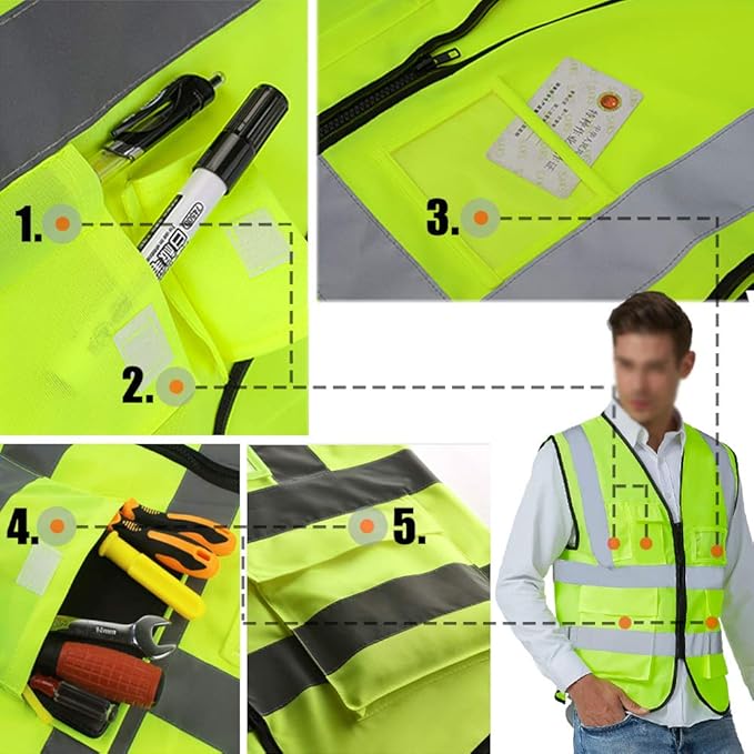 YOWESHOP High Visibility Safety Vest Custom Your Logo Protective Workwear 5 Pockets With Reflective Strips Outdoor Work Vest (Red (2XL))