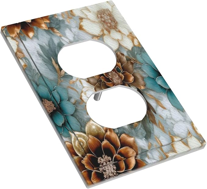 Vintage Marble Floral Gold/Green/White Metal Flowers 1 Gang Duplex Outlet Covers Decorative Single Light Switch Cover Electrical Receptacle Wall Plate Plug Switchplate Faceplate Bathroom Decor