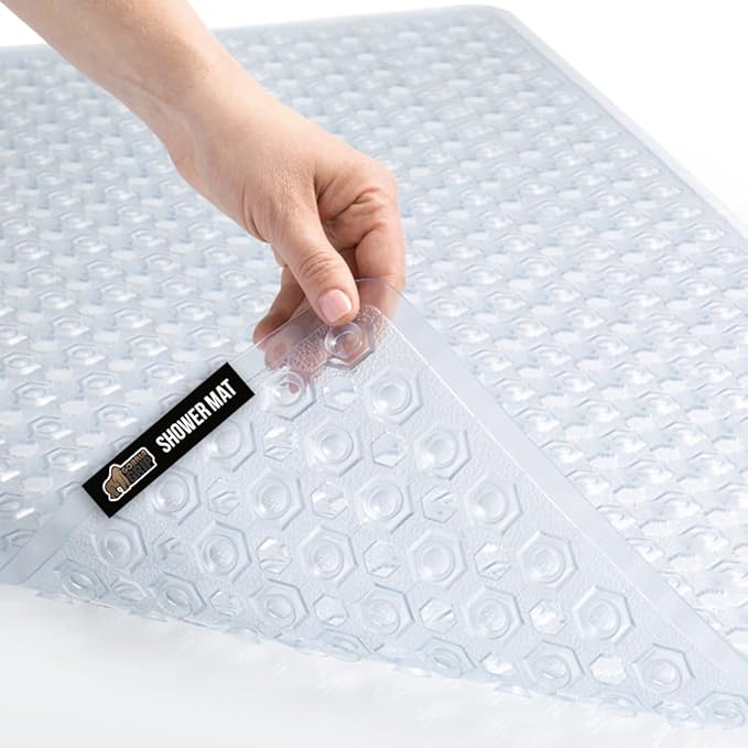 GORILLA GRIP Patented Bath Tub Shower Mat, Machine Washable Bathtub Floor Liner Mats, Suction Cups and Drain Holes to Keep Tubs Clean, Soft on Feet, Bathroom Essentials, 35x16 Inch, Clear
